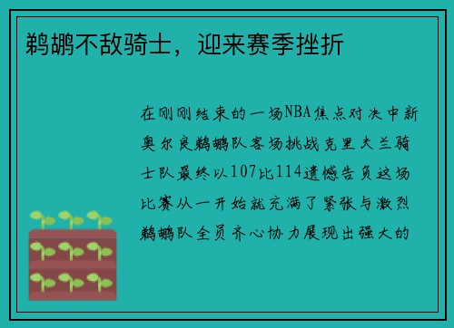 鹈鹕不敌骑士，迎来赛季挫折